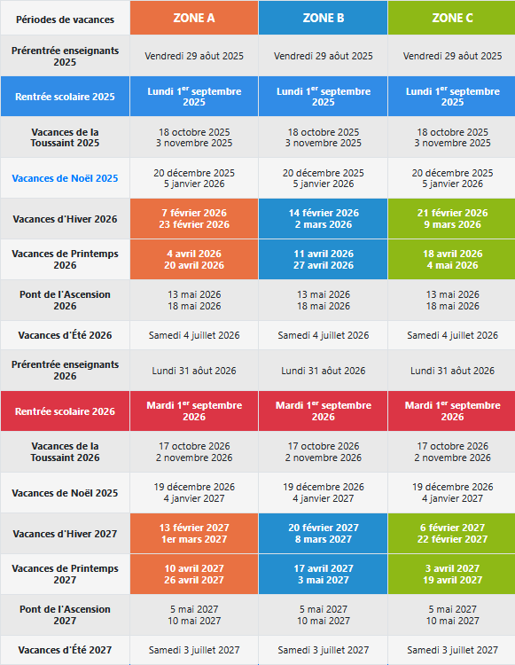 Calendrier vacances scolaires 2027